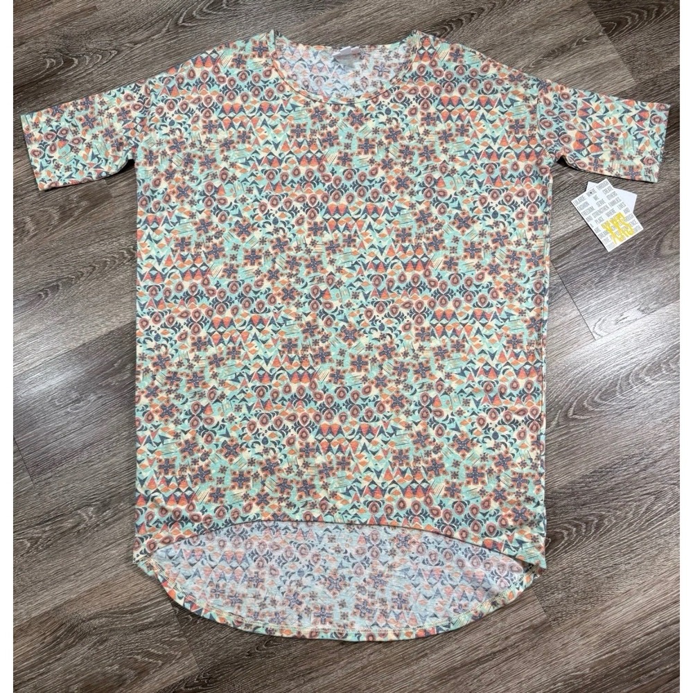 LuLaRoe Irma Tunic XXS Geometric Floral High Low Short Sleeve Multi Color‎ NEW